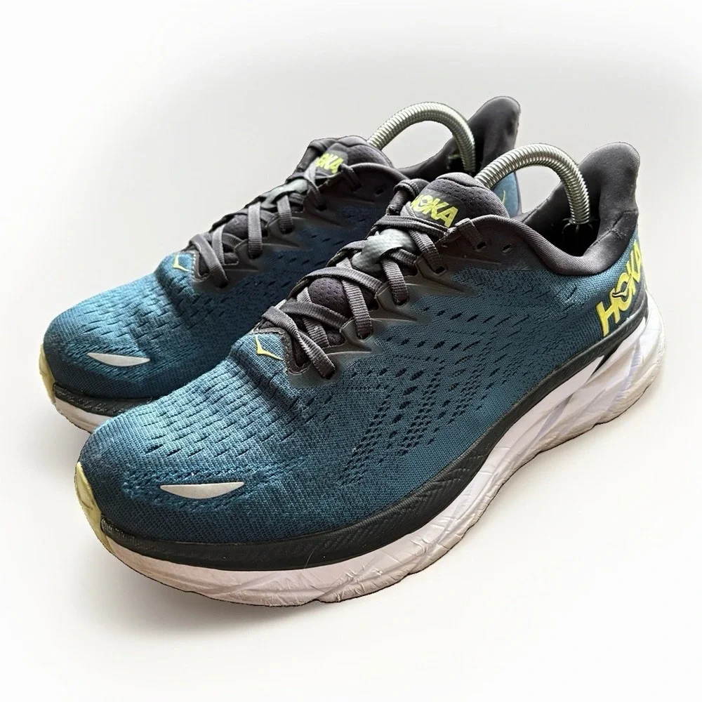 Hoka One One Shoes Mens US 8.5 EE Wide Clifton 8 Blue White Running Sneakers